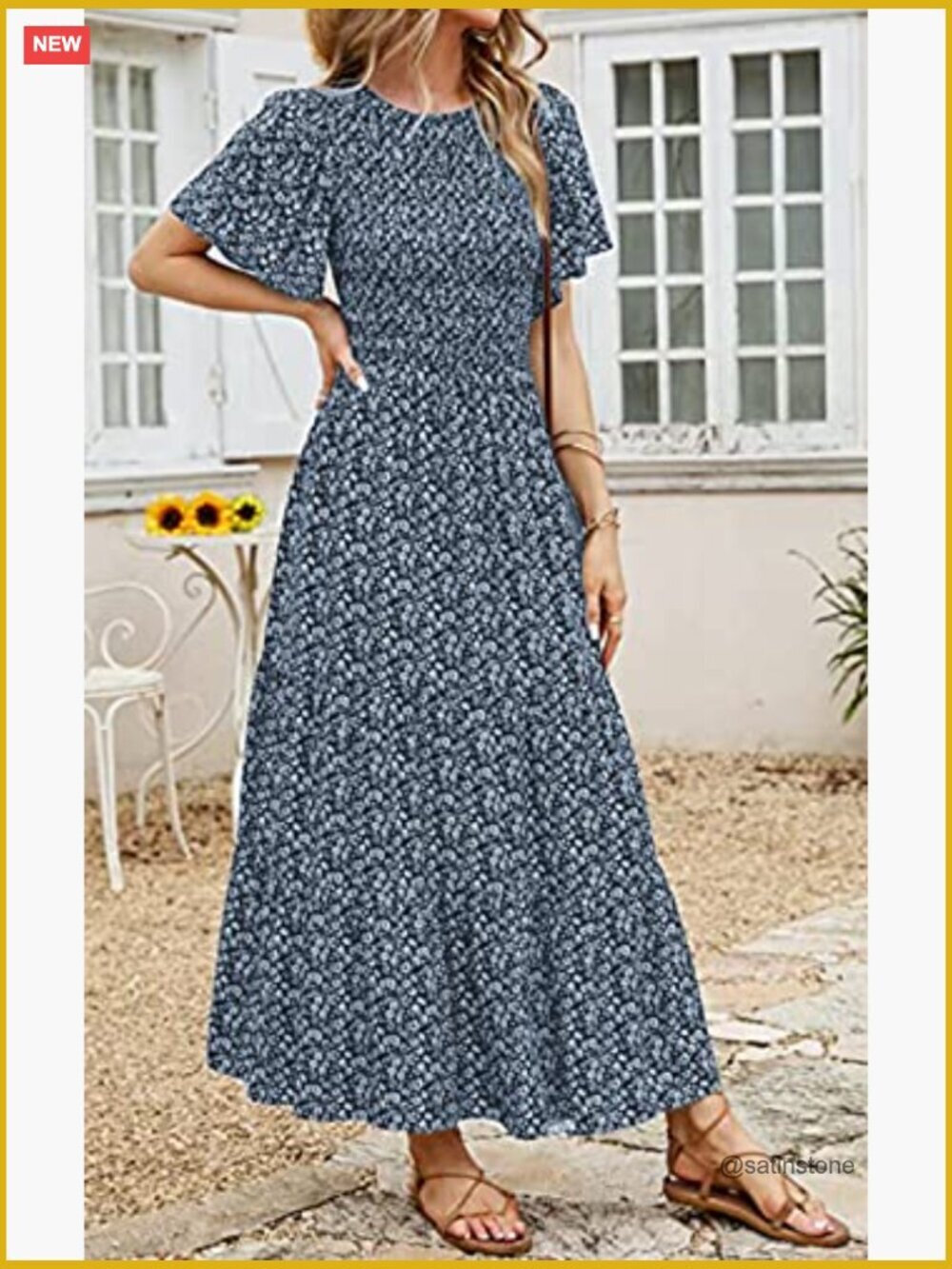 Flutter Short Sleeve Smocked Tiered Maxi Dress Casual Boho Floral - Picture 6 of 7